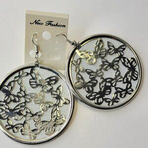 Silver Butterfly Earrings Silver Glitter Large Round Earrings Butterfly Earrings
